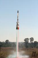 12.8L Polaron VI water rocket powered by foam and water. Boosted by three 3.35L boosters.
